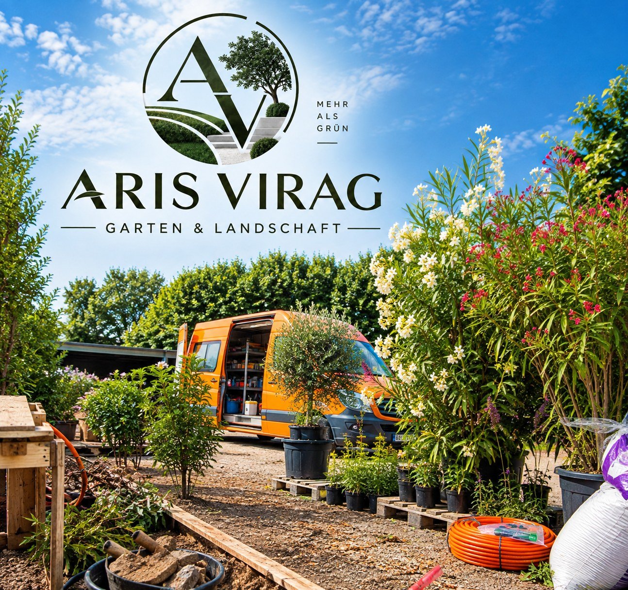 Aris Virag Garten- und Landschaftsbau – Firmenfahrzeug und Pflanzenbestand vor blauem Himmel